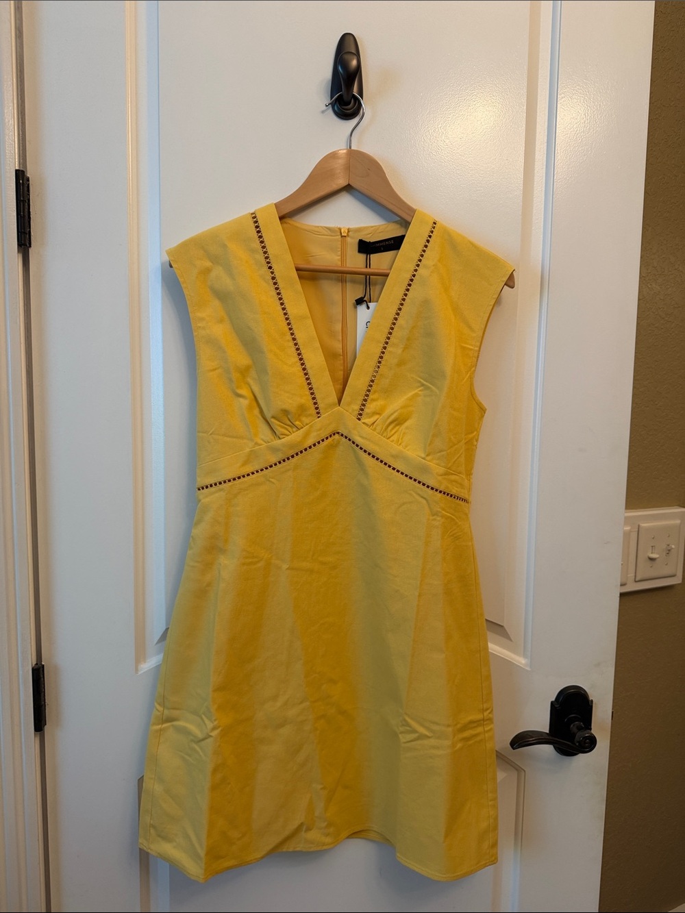 Commence Yellow Linen Blend Eyelet Trim Sleeveless Mini Dress Size S